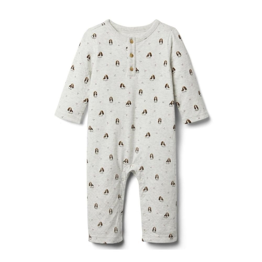 Janie and Jack Light Gray Printed Long Sleeve Baby Romper